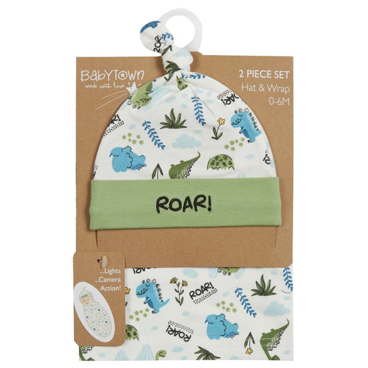 Picture of 9C223: 7451-BABY DINOSAUR PRINT HAT & SWADDLE WRAP SET (0-6
